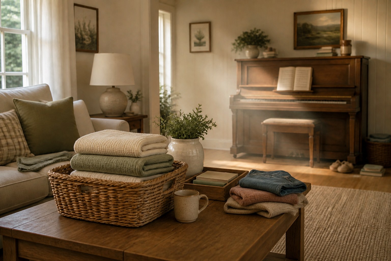 A warm, sunlit living room with a folded-laundry basket on a coffee table and a piano in the background
