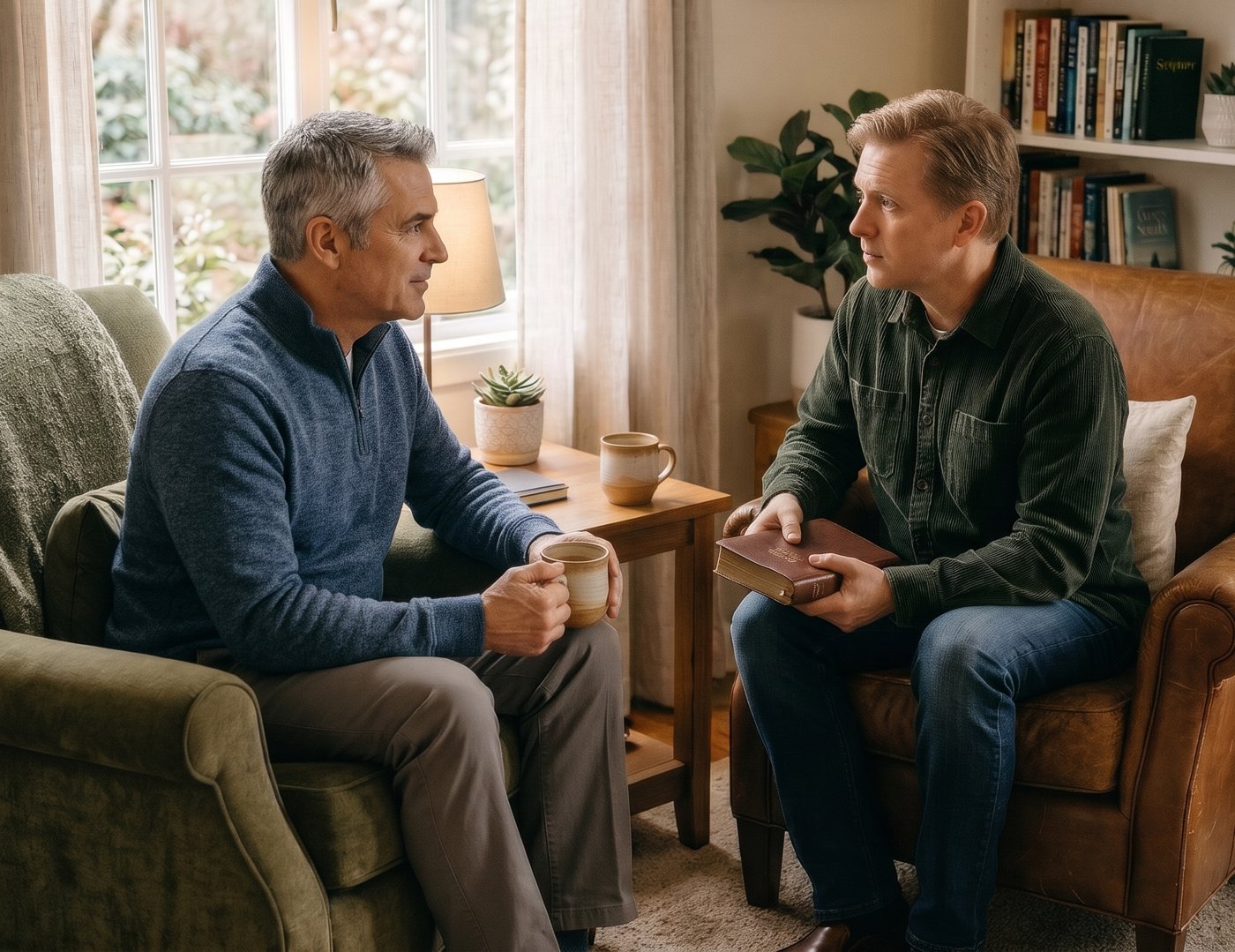 Two men in a biblical counseling conversation
