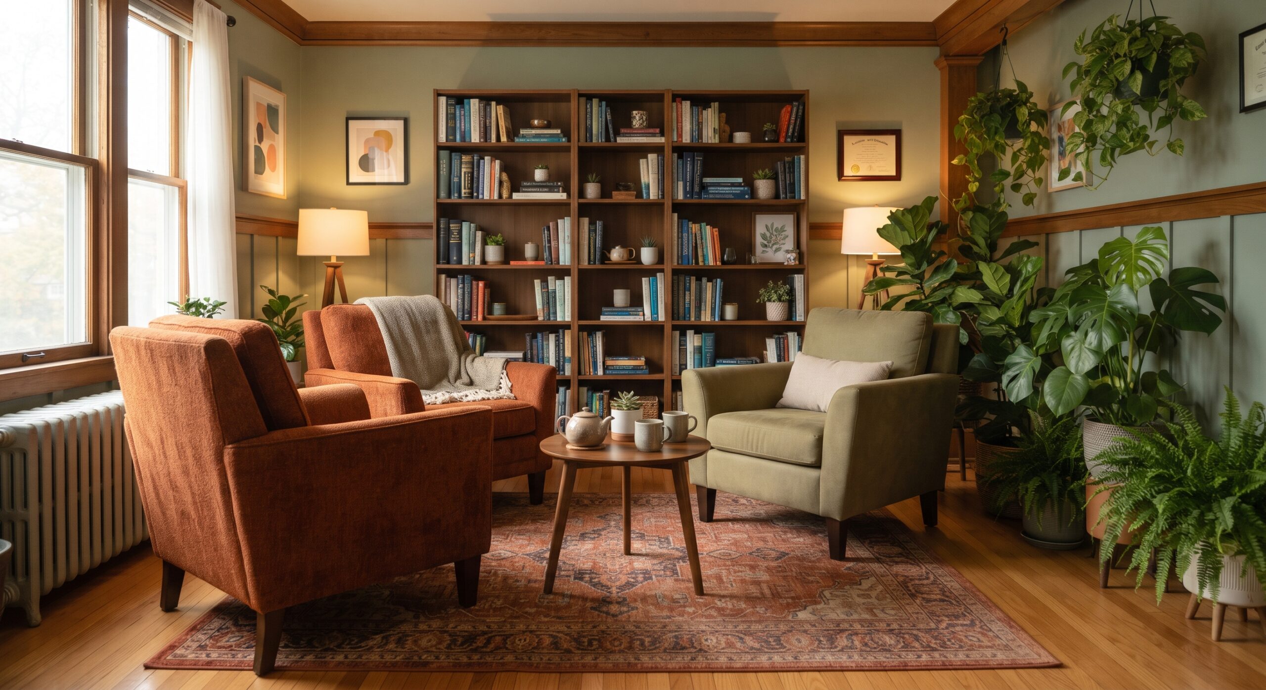 Counselor, Tell Them Why They Need to Show Up A warm counseling room with two armchairs facing each other around a small table with tea, in front of a bookshelf